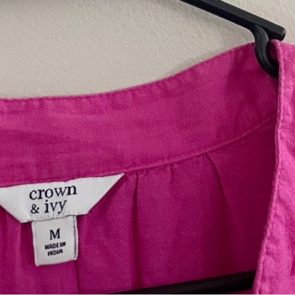 Crown & Ivy Pink Linen Ruffle Trim Top Preppy Vacation Spring Summer Boating - Picture 4 of 5